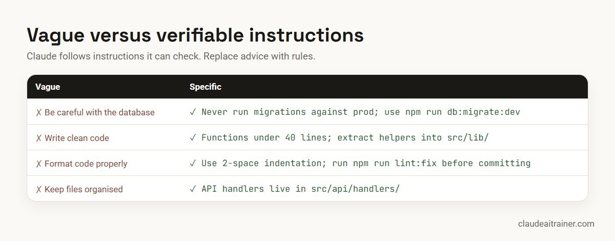 Vague versus specific CLAUDE.md instructions with examples