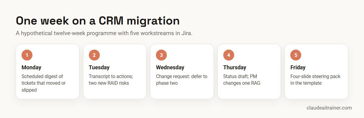 One week on a CRM migration using five Claude workflows, from the Monday digest to the Friday steering pack