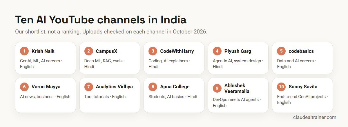 Ten AI YouTube channels in India with focus and language for each