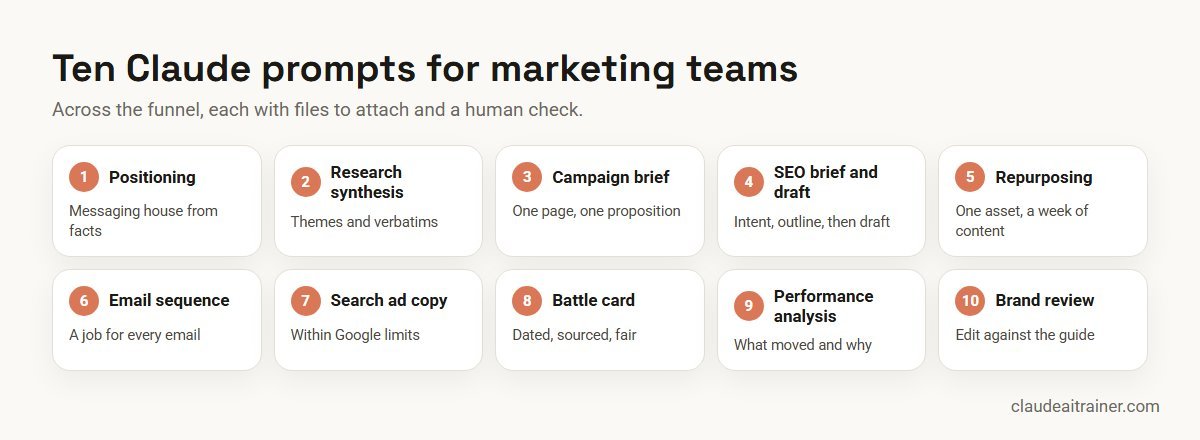 Best Claude Prompts for Marketing Teams: 10 Tested Templates (2026-27) Ten Claude prompts for marketing across strategy, content, campaigns and reporting