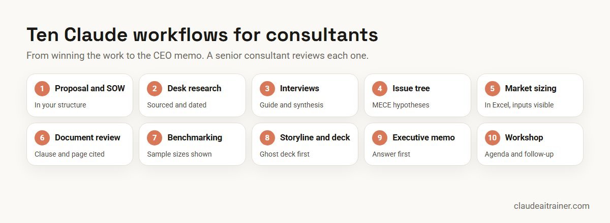 Ten Claude workflows for consultants across an engagement, from the proposal to the workshop